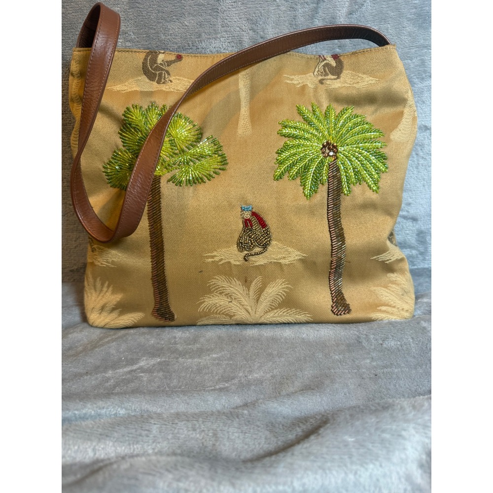 Frenchy of California Tote Bag Womens Large Tan Good Beaded Palm Tree Monkey Vtg